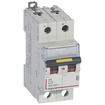 Legrand DX3 | DC автоматичен прекъсвач | 2P, 3A, крива C, 12–500V DC, 16kA Legrand DX3 | DC автоматичен прекъсвач | 2P, 3A, крива C, 12–500V DC, 16kA