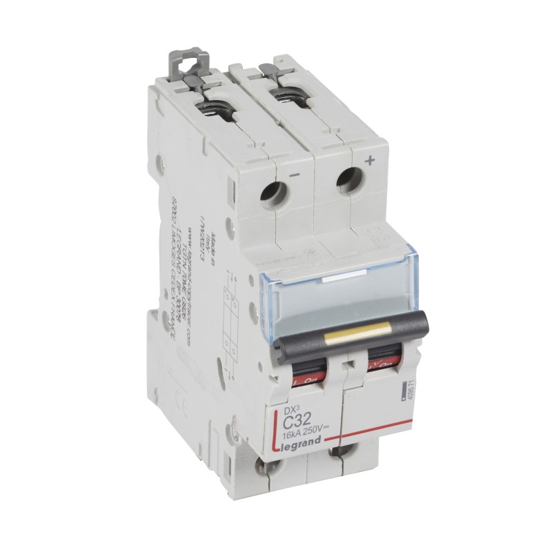 Legrand DX3 | DC автоматичен прекъсвач | 2P, 32A, крива C, 12–500V DC, 16kA Legrand DX3 | DC автоматичен прекъсвач | 2P, 32A, крива C, 12–500V DC, 16kA