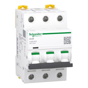 Schneider Electric Acti9 iC60 | Автоматичен прекъсвач | 3P, 32A, крива B Schneider Electric Acti9 iC60 | Автоматичен прекъсвач | 3P, 32A, крива B