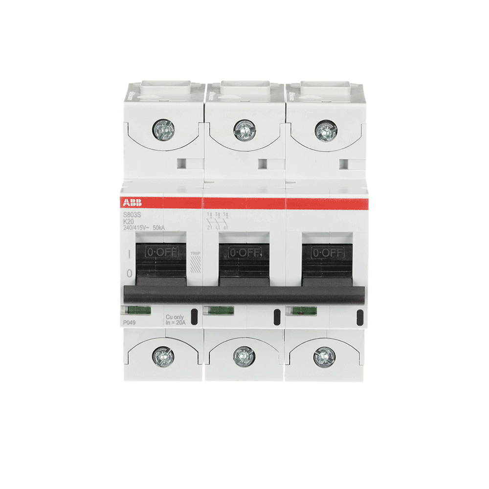 ABB S803S-K20 | Автоматичен прекъсвач | 3P, 20A, крива K ABB S803S-K20 | Автоматичен прекъсвач | 3P, 20A, крива K